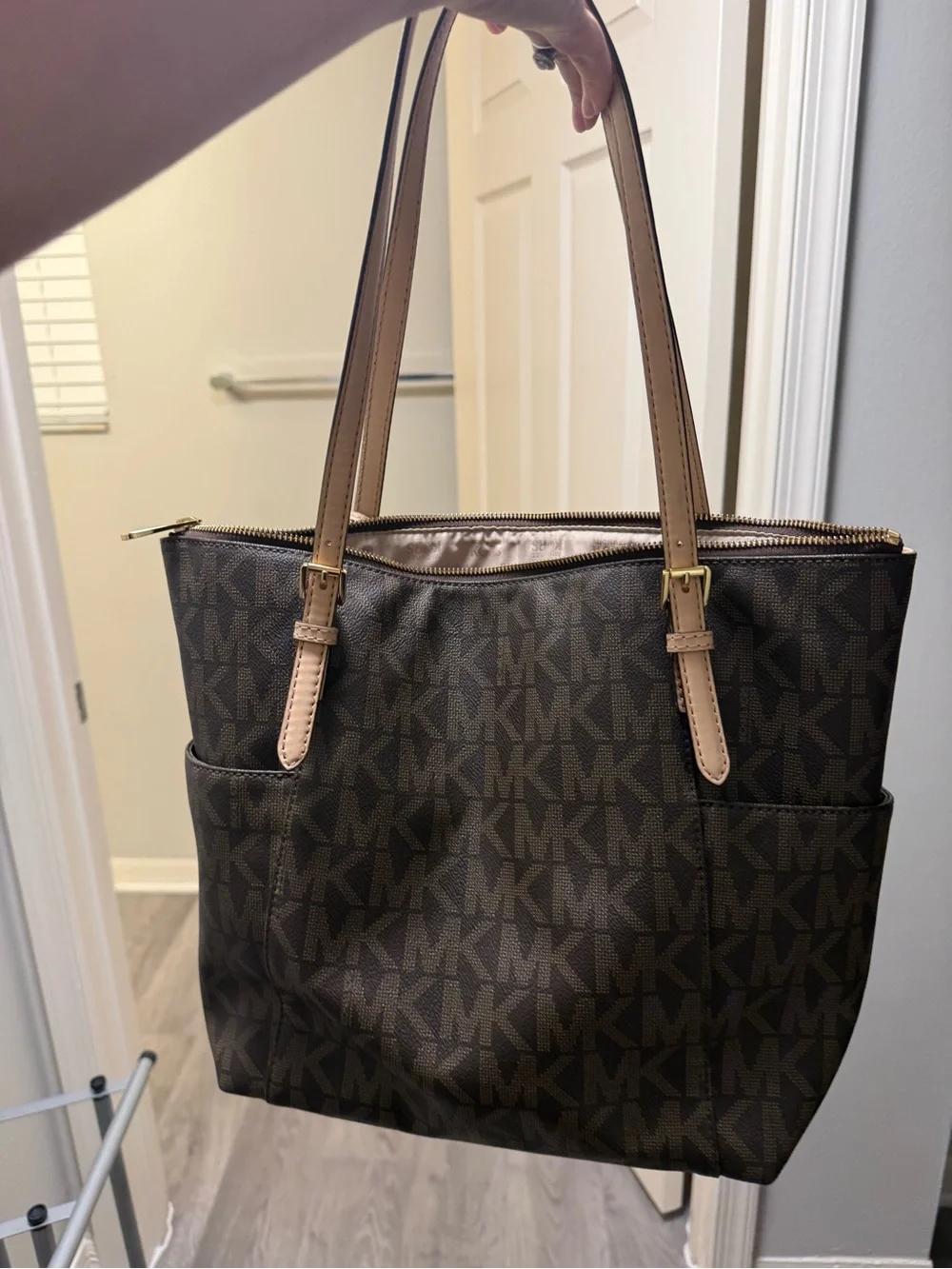 Michael Kors Dark Brown Logo Tote with Tan Straps and Gold MK Charm - Picture 2 of 3